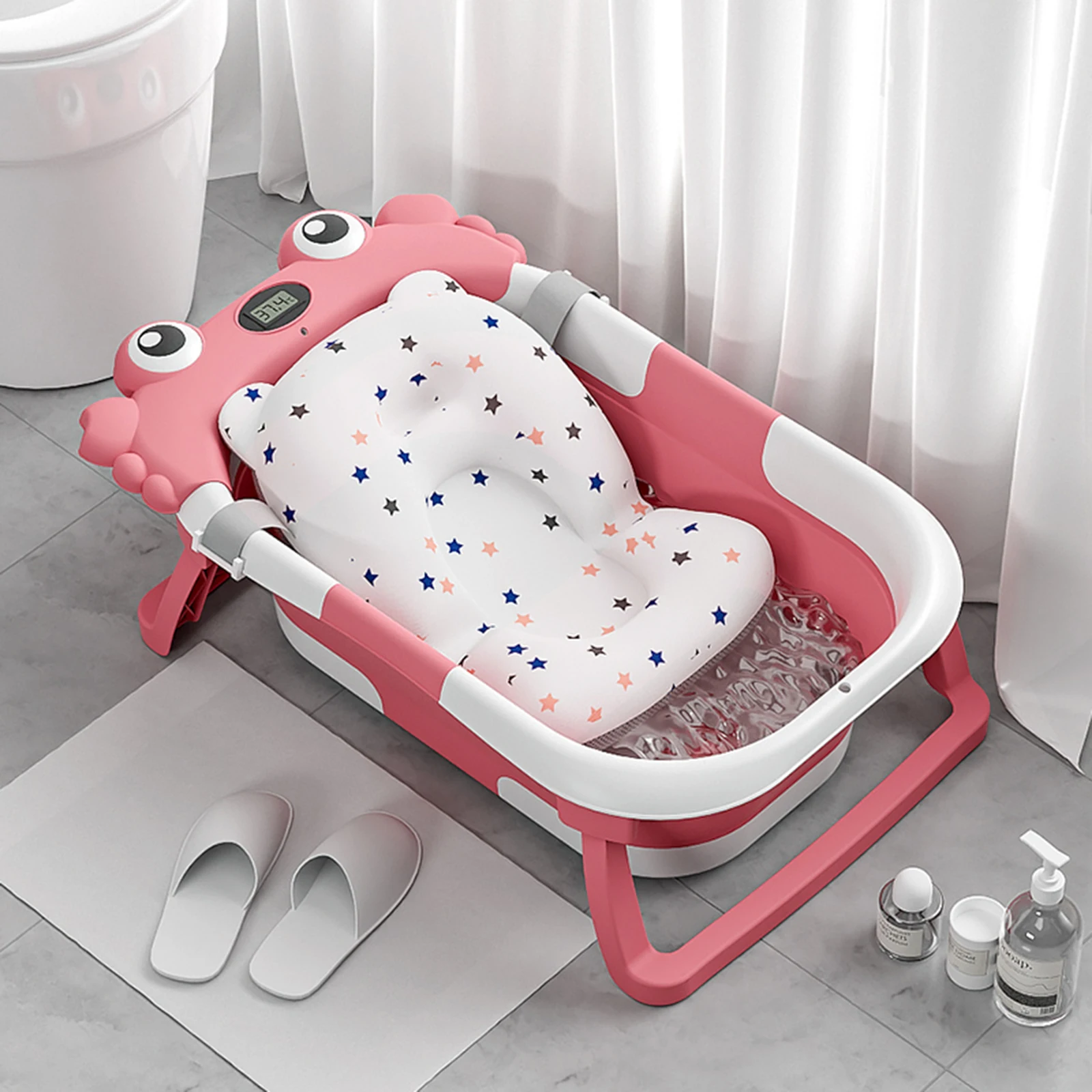 Foldable Baby Bathtub with Built-in Thermometer PP TPE Safe Material Non-Slip Infant Bath Tub for Home Travel