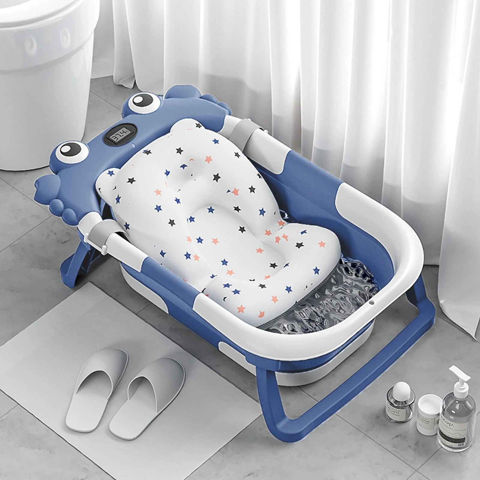 Foldable Baby Bathtub with Built-in Thermometer PP TPE Safe Material Non-Slip Infant Bath Tub for Home Travel