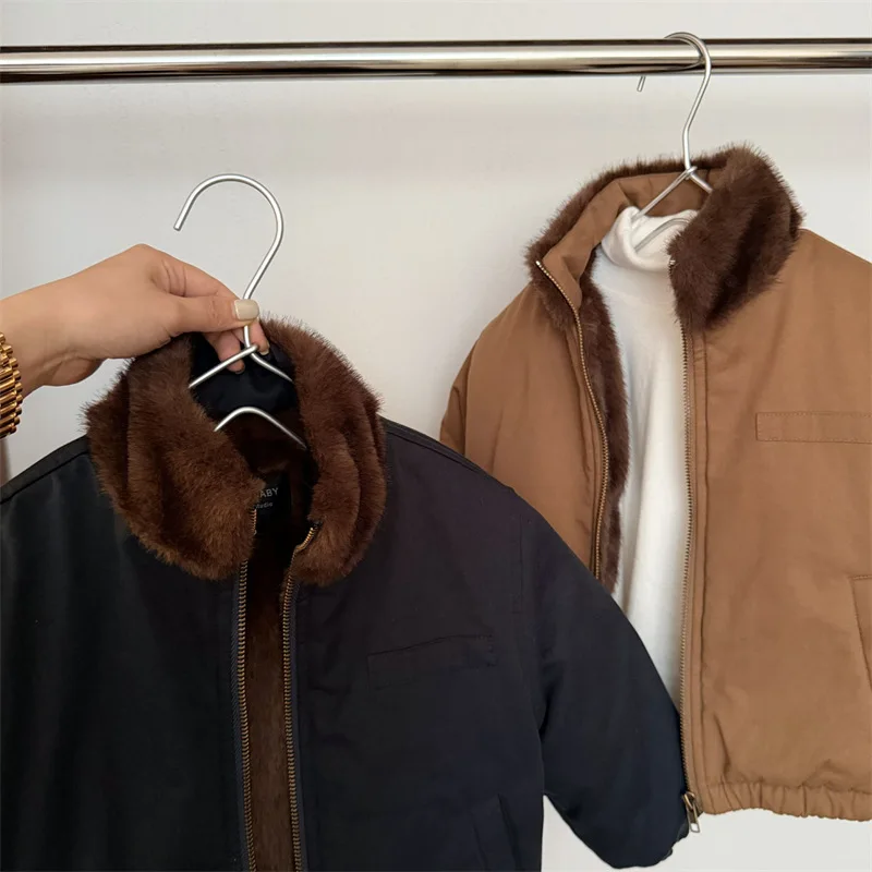 Children's Jacket 2025 Winter New Boys and Girls Solid Color Thickened Zipper Shirt Baby Stand Collar Jacket Trendy