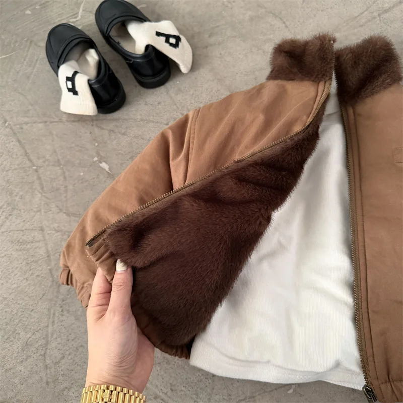 Children's Jacket 2025 Winter New Boys and Girls Solid Color Thickened Zipper Shirt Baby Stand Collar Jacket Trendy