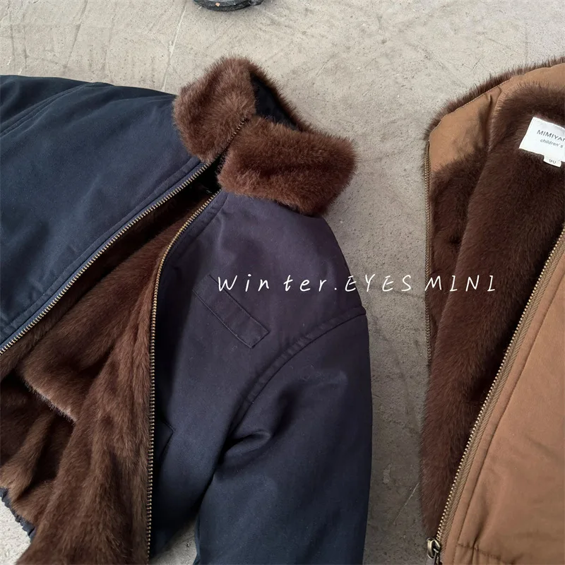 Children's Jacket 2025 Winter New Boys and Girls Solid Color Thickened Zipper Shirt Baby Stand Collar Jacket Trendy