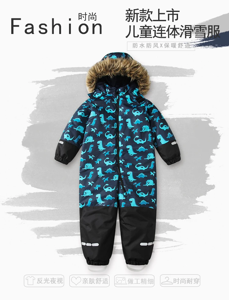 Baby Boys One-Piece Ski Suits Children's Snowboarding Fur Hooded Thick Windproof Warm Skiing Sports Clothes for Winter