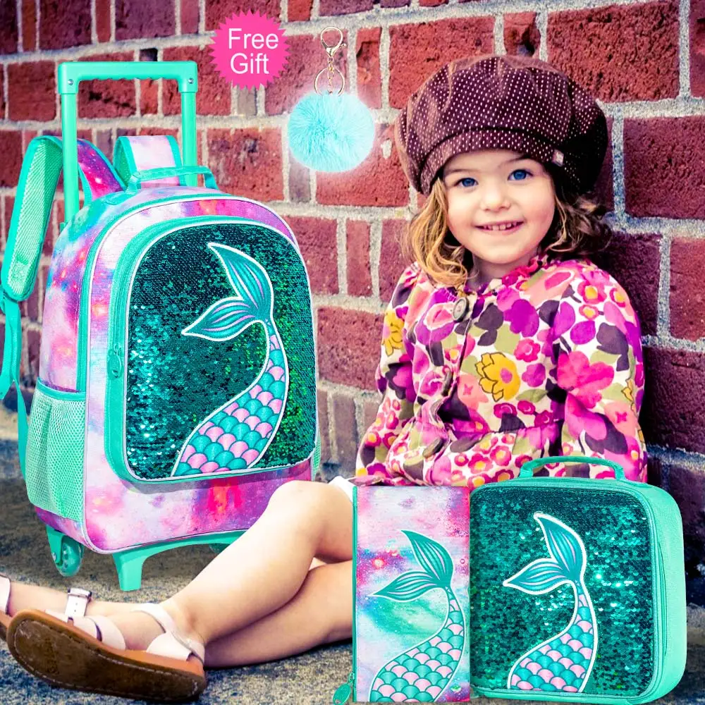 Rolling Backpack for Girls, Roller Wheels Kids Bookbag - Wheeled Suitcase Elementary Sequin School Bag - 3PCS Mermaid