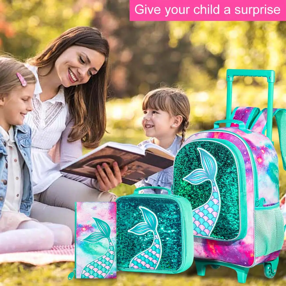 Rolling Backpack for Girls, Roller Wheels Kids Bookbag - Wheeled Suitcase Elementary Sequin School Bag - 3PCS Mermaid
