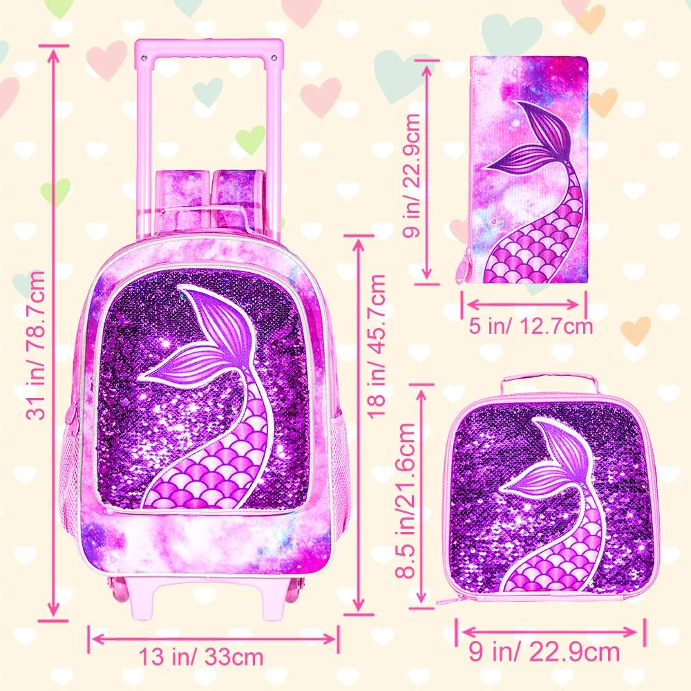 Rolling Backpack for Girls, Roller Wheels Kids Bookbag - Wheeled Suitcase Elementary Sequin School Bag - 3PCS Mermaid