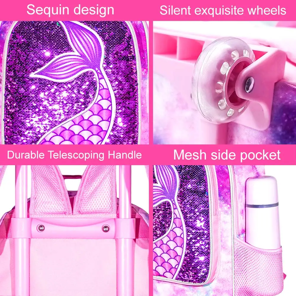 Rolling Backpack for Girls, Roller Wheels Kids Bookbag - Wheeled Suitcase Elementary Sequin School Bag - 3PCS Mermaid