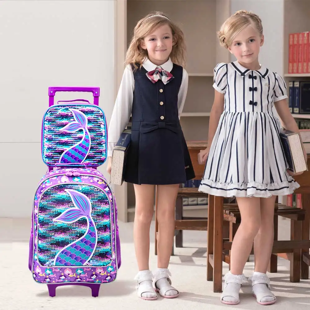 Rolling Backpack for Girls, Roller Wheels Kids Bookbag - Wheeled Suitcase Elementary Sequin School Bag - 3PCS Mermaid