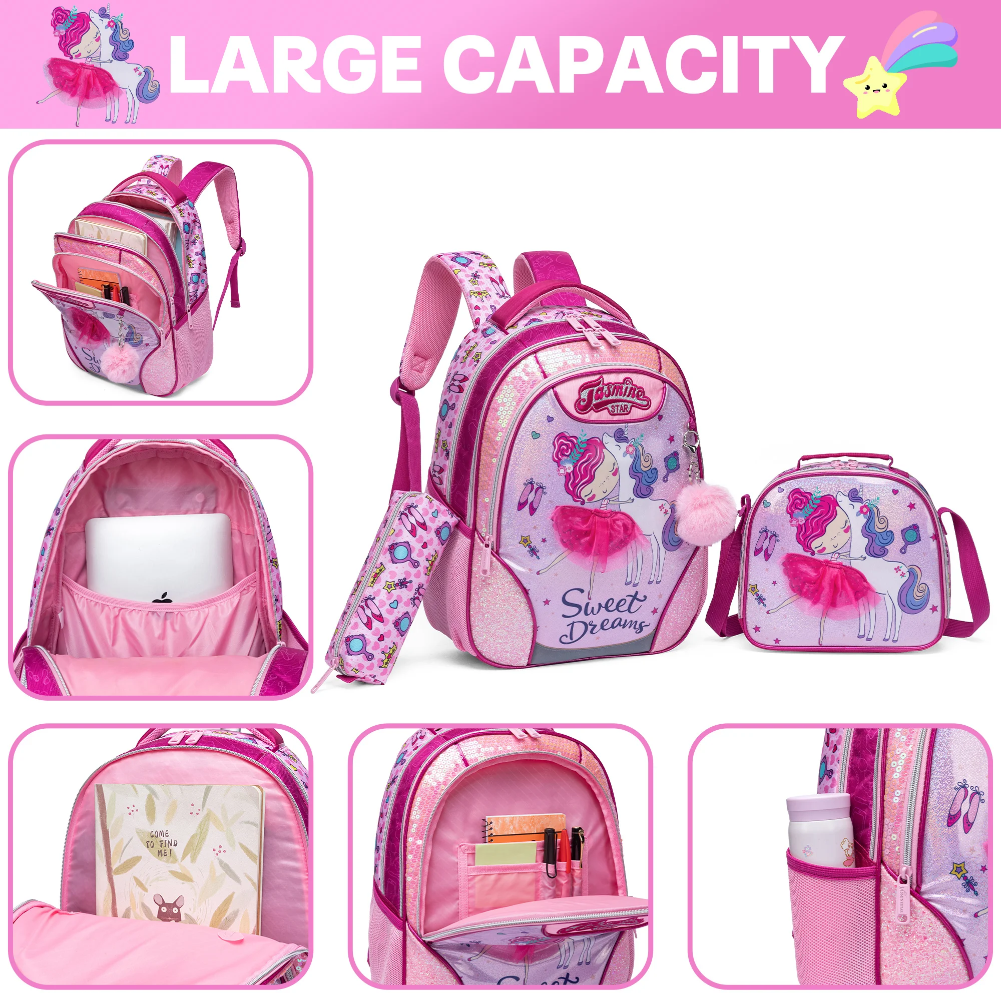 Girls Cartoon Backpack Set with Lunch Box, Cute School Travel Bookbag for Elementary Students Ages 8-10