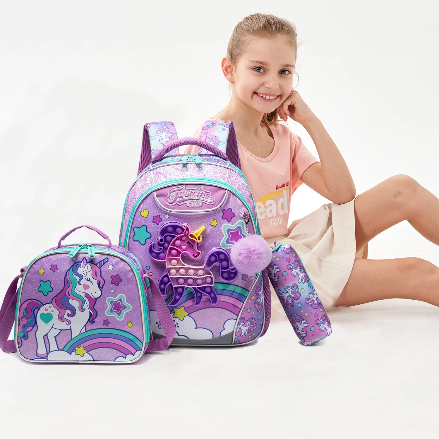 Girls Cartoon Backpack Set with Lunch Box, Cute School Travel Bookbag for Elementary Students Ages 8-10