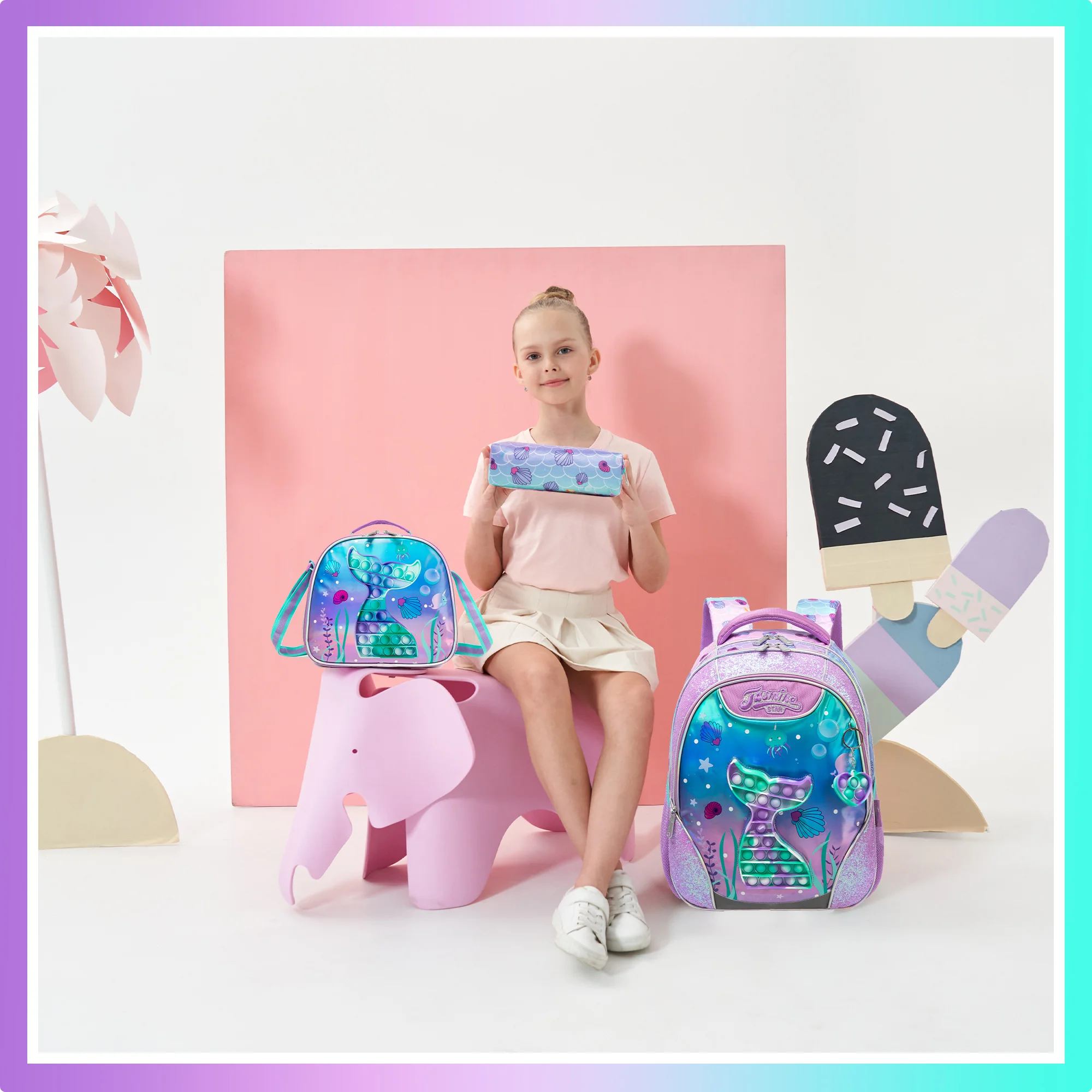 Girls Cartoon Backpack Set with Lunch Box, Cute School Travel Bookbag for Elementary Students Ages 8-10