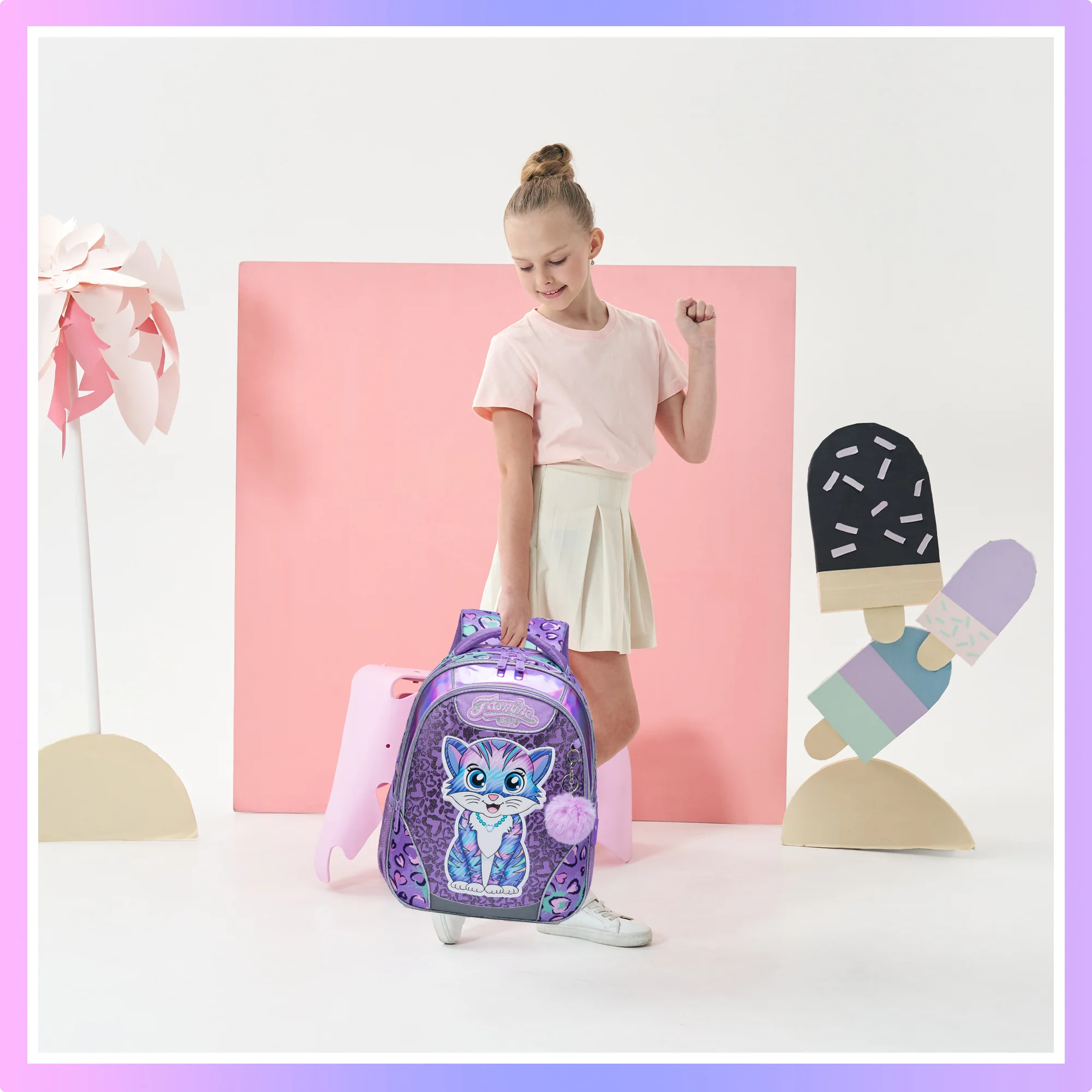 Girls Cartoon Backpack Set with Lunch Box, Cute School Travel Bookbag for Elementary Students Ages 8-10