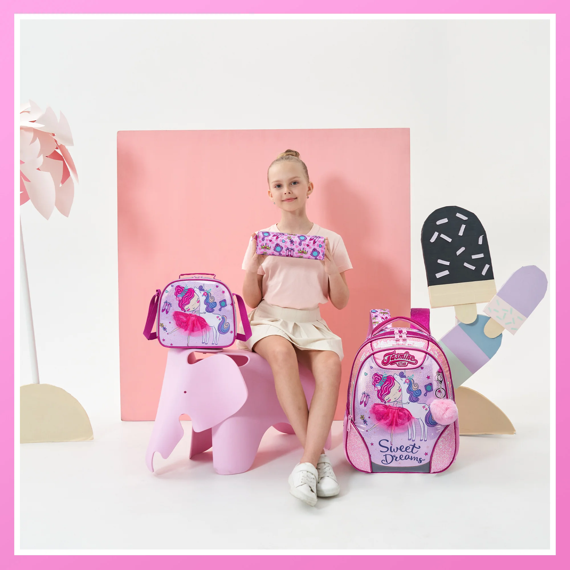Girls Cartoon Backpack Set with Lunch Box, Cute School Travel Bookbag for Elementary Students Ages 8-10