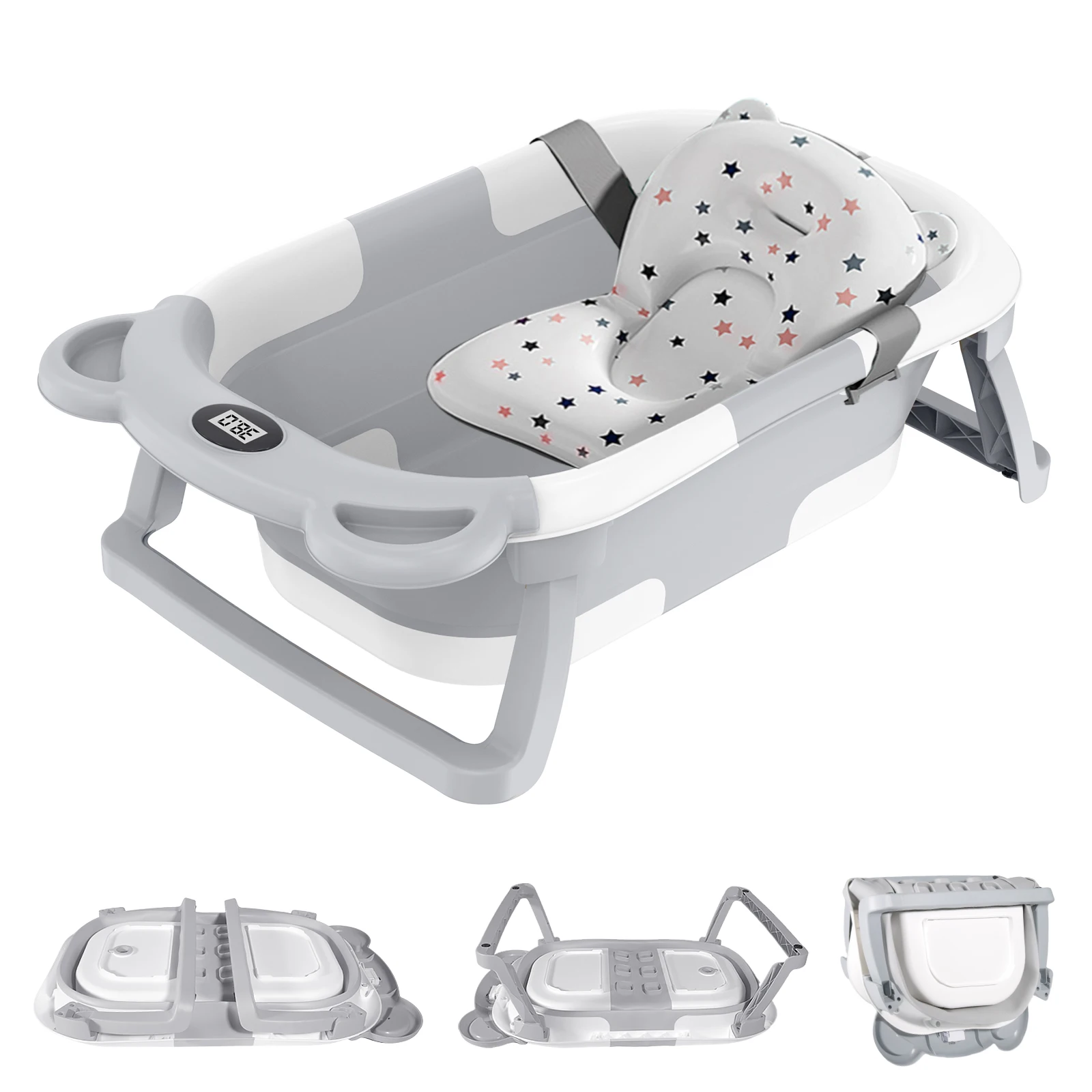 Baby Bathtub Foldable Portable Infant Bath Tub Heat-resistant Baby-safe Material Anti-slip Base with Water Temperature Monitor for Bathroom