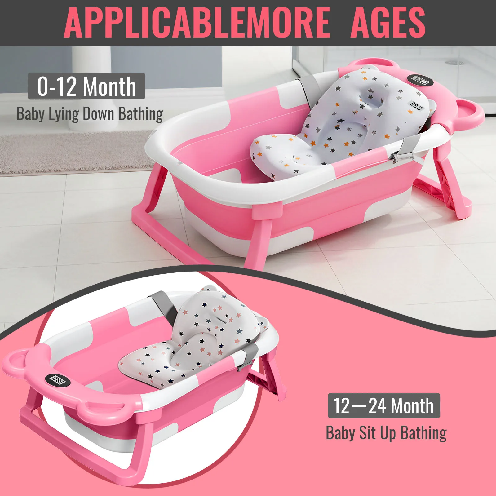 Baby Bathtub Foldable Portable Infant Bath Tub Heat-resistant Baby-safe Material Anti-slip Base with Water Temperature Monitor for Bathroom