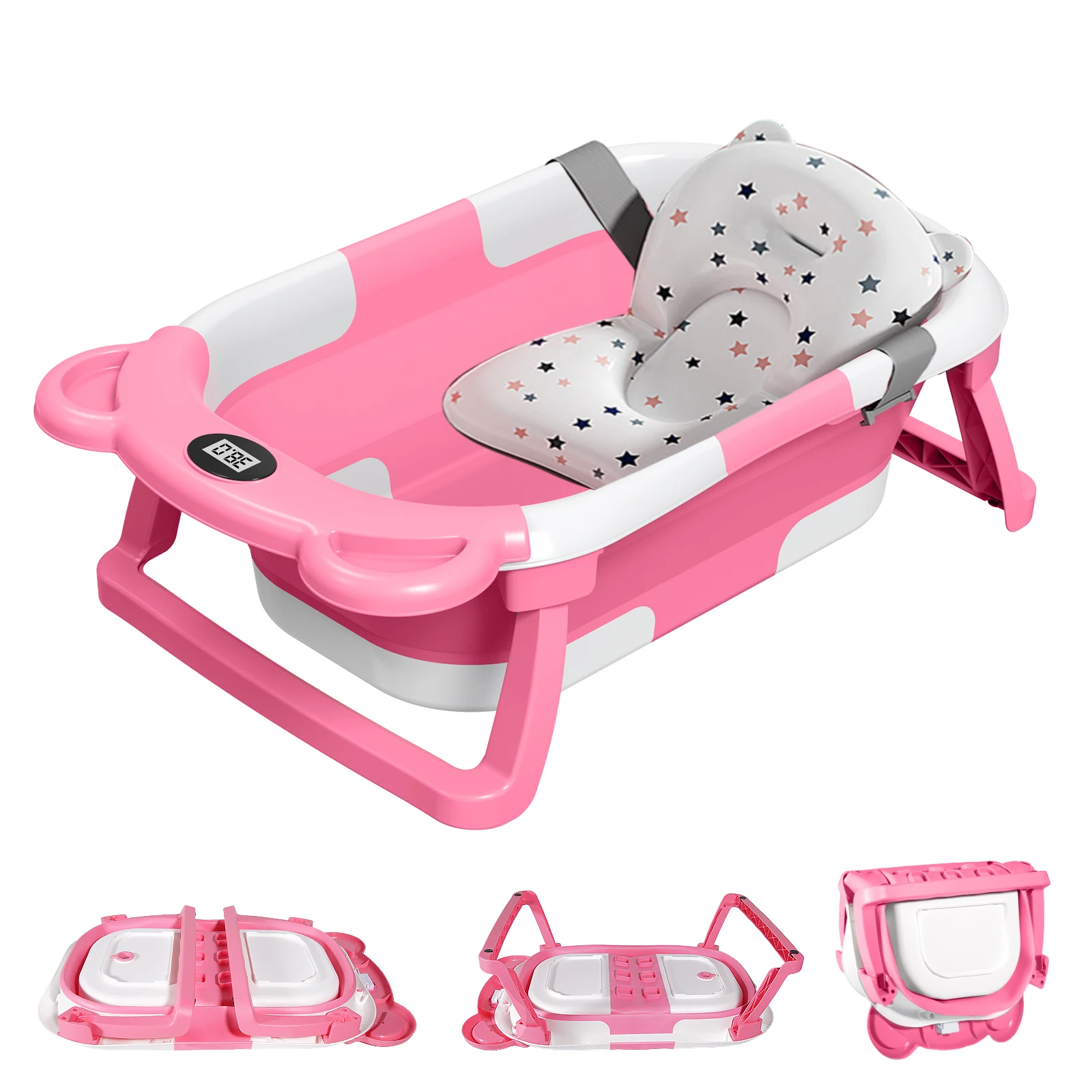 Baby Bathtub Foldable Portable Infant Bath Tub Heat-resistant Baby-safe Material Anti-slip Base with Water Temperature Monitor for Bathroom