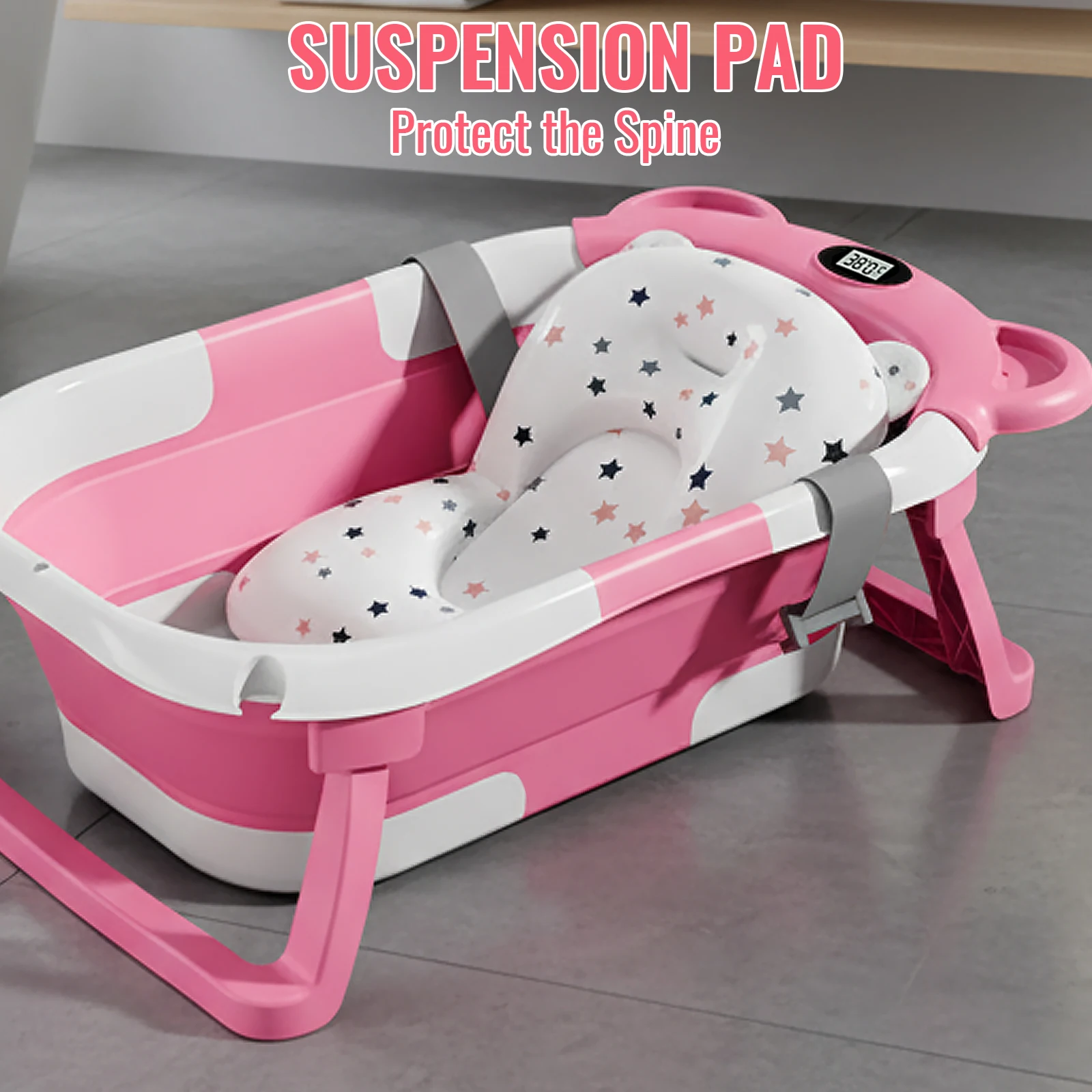 Baby Bathtub Foldable Portable Infant Bath Tub Heat-resistant Baby-safe Material Anti-slip Base with Water Temperature Monitor for Bathroom