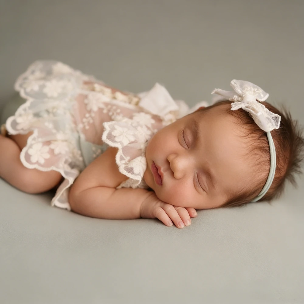 Floral Lace Open Back Newborn Romper Ivory Baby Girl Photography Outfit Infant Photo Shoot Clothes Newborn Photoshoot Ruffle