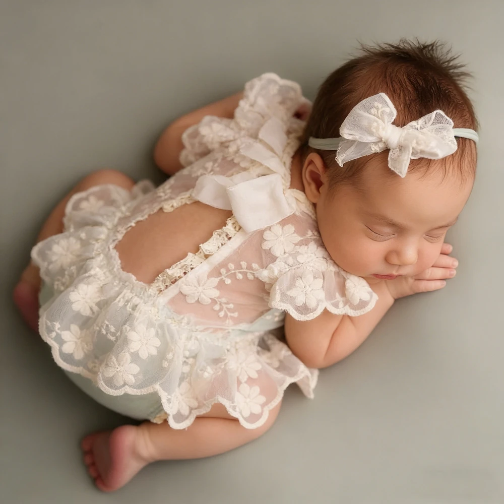 Floral Lace Open Back Newborn Romper Ivory Baby Girl Photography Outfit Infant Photo Shoot Clothes Newborn Photoshoot Ruffle
