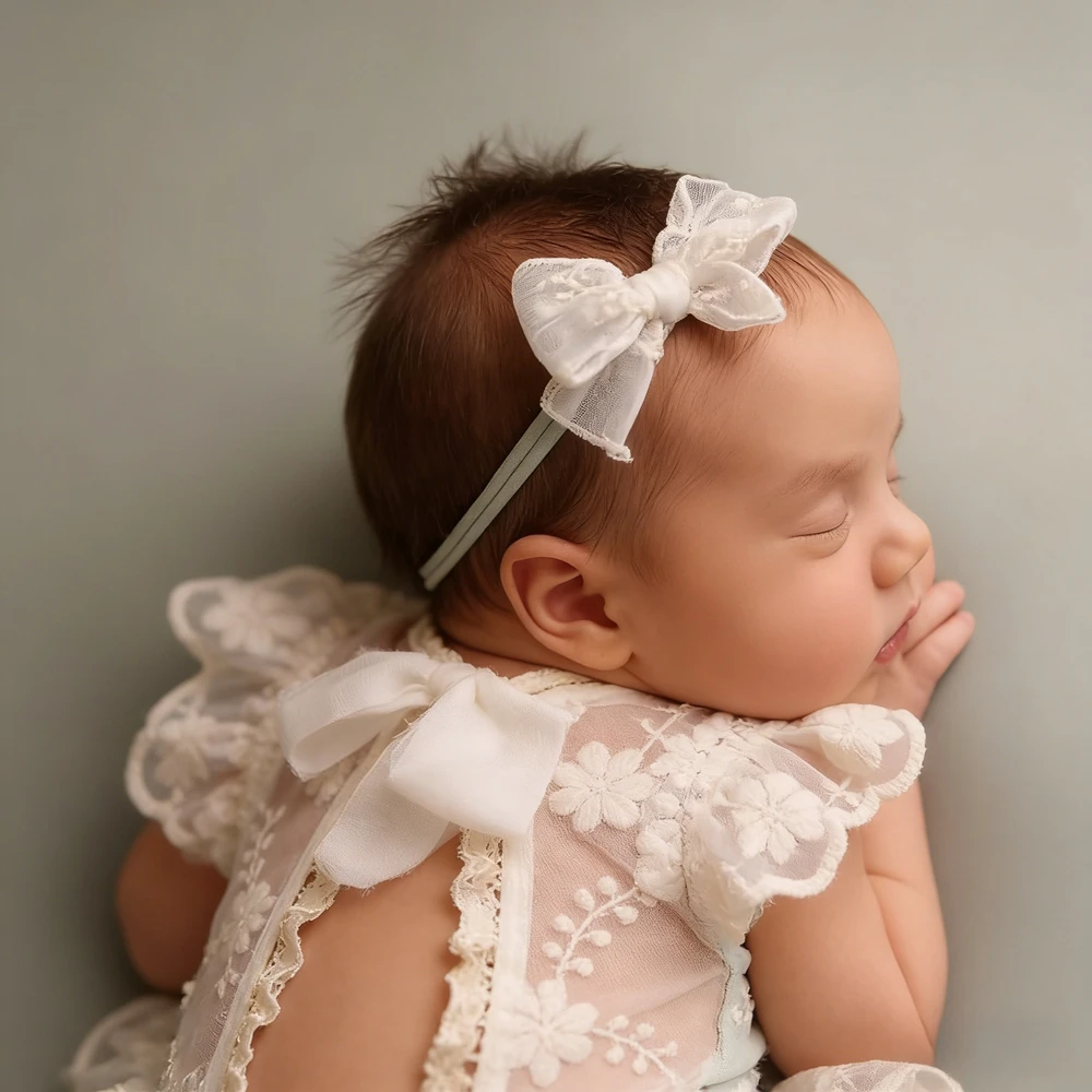 Floral Lace Open Back Newborn Romper Ivory Baby Girl Photography Outfit Infant Photo Shoot Clothes Newborn Photoshoot Ruffle