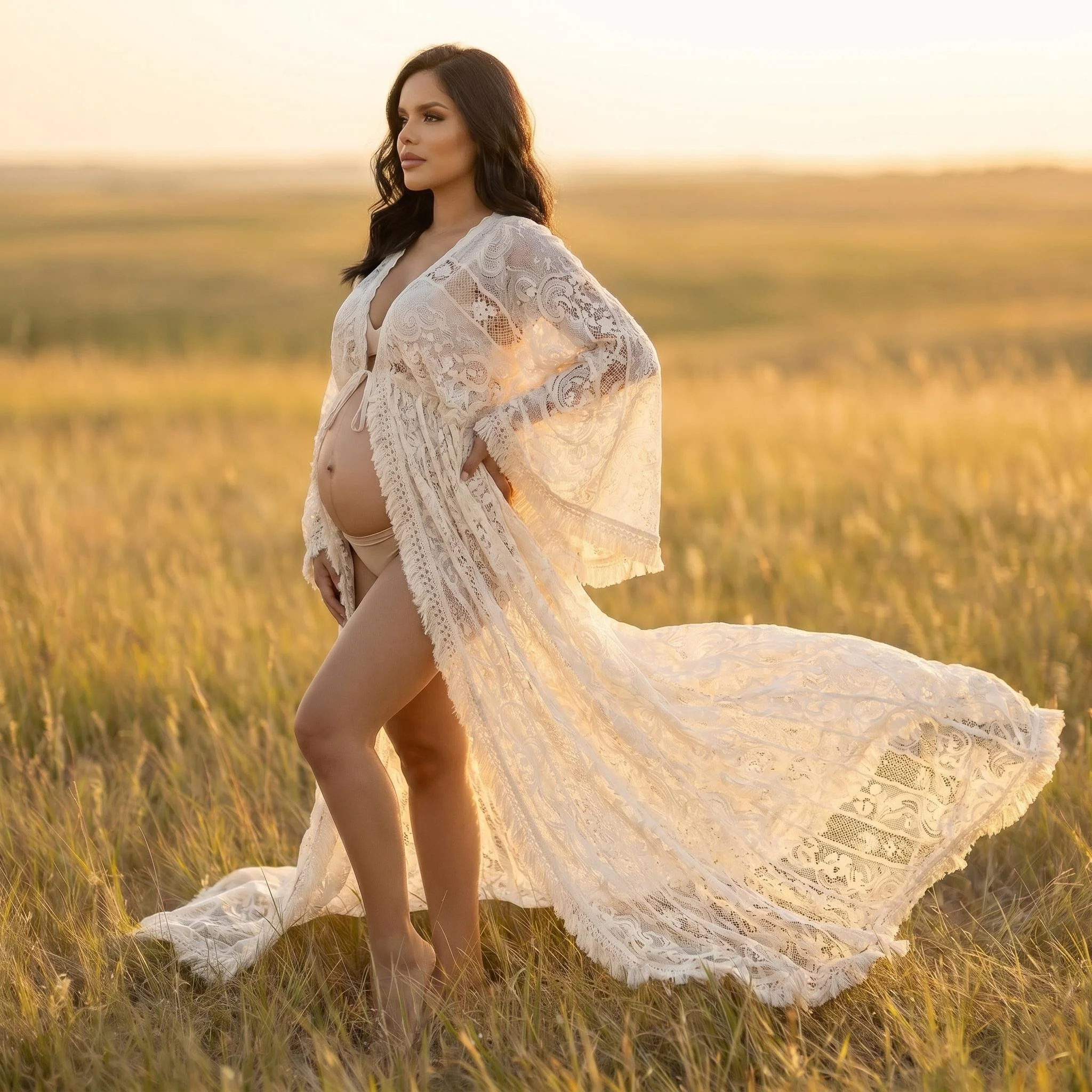 Boho Style Tassels Beige Lace Maternity Photo Shoot Long Dress Bohemian Pregnancy Photography Props Dress