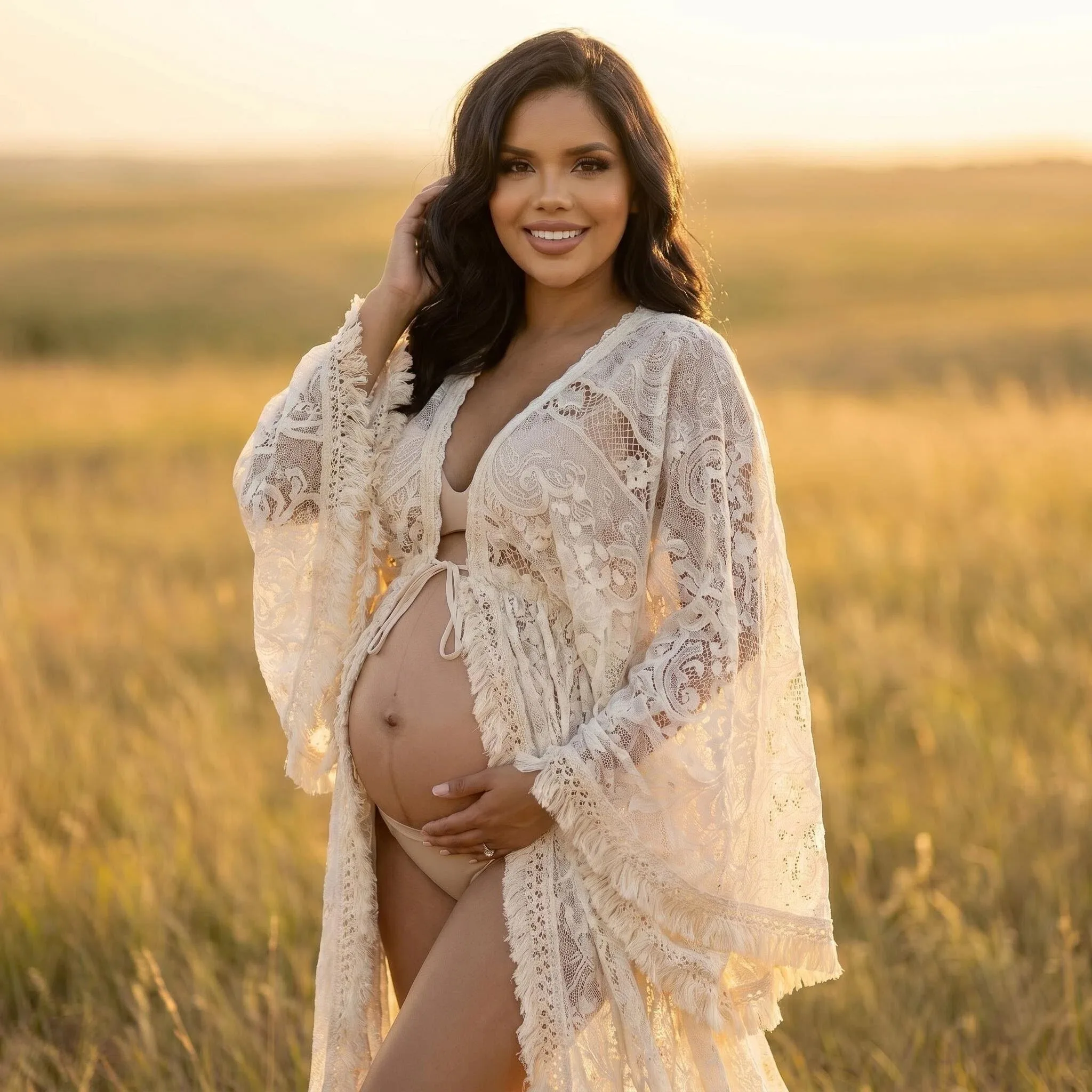 Boho Style Tassels Beige Lace Maternity Photo Shoot Long Dress Bohemian Pregnancy Photography Props Dress