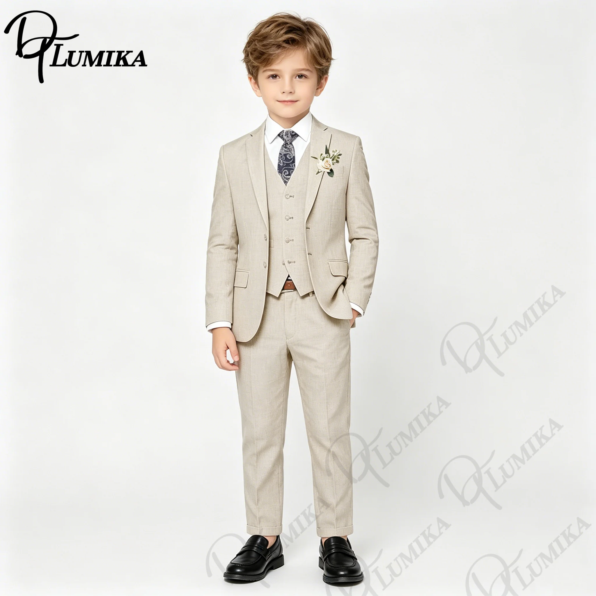 Handsome Linen Boys Suit 4-Piece Set with Floral Bow Tie 2026 Classic Formal Blazer Vest Pants for Ring Bearer Wedding Party