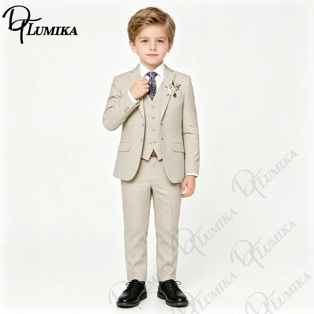Handsome Linen Boys Suit 4-Piece Set with Floral Bow Tie 2026 Classic Formal Blazer Vest Pants for Ring Bearer Wedding Party