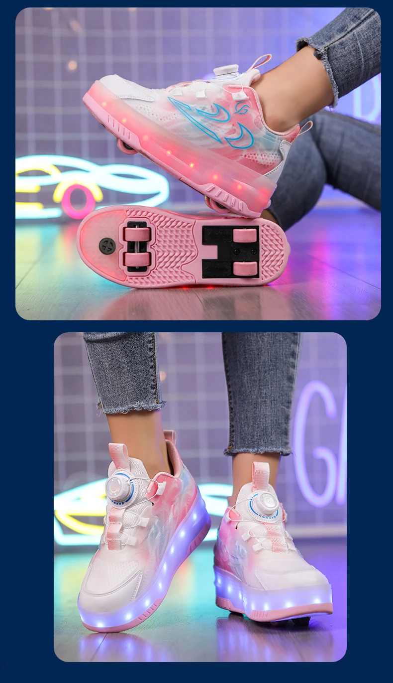 Children Roller Skate Sneakers Kid Sport Gym Footwear Roller Skates 4 Wheels USB Charge Luminous Boys Girls Casual Skateboard