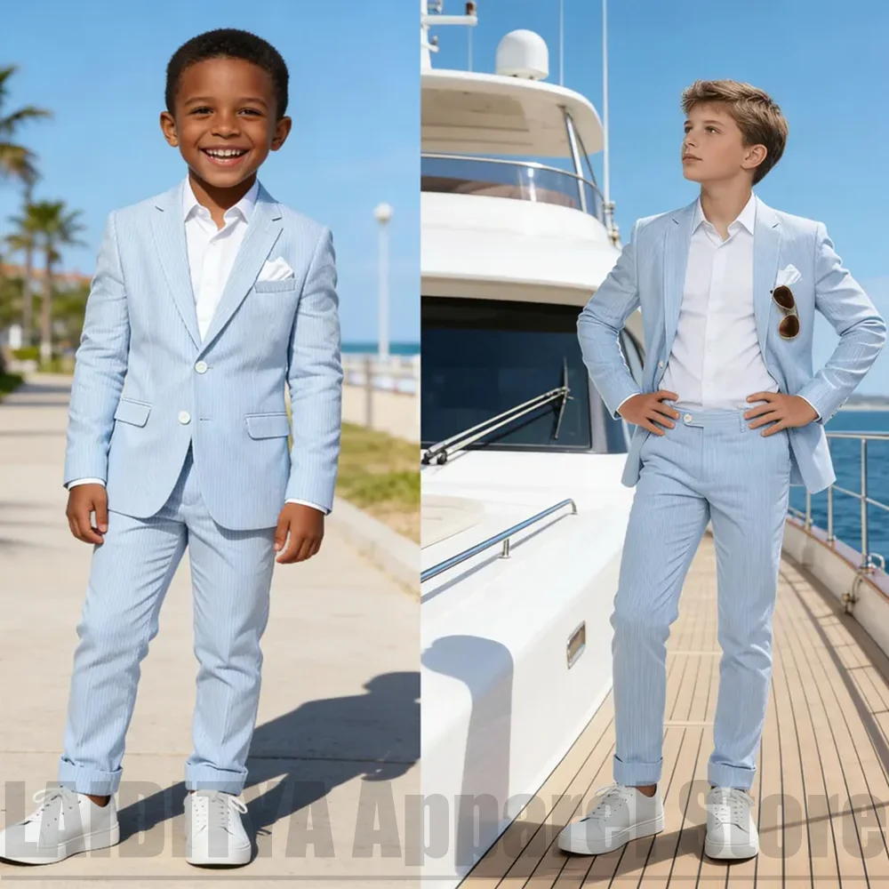 Fashion Striped Boys Single Breasted Two Piece Suit Notched Lapel Wear Kids Summer Wedding Page Boy Birthday Party Outfit