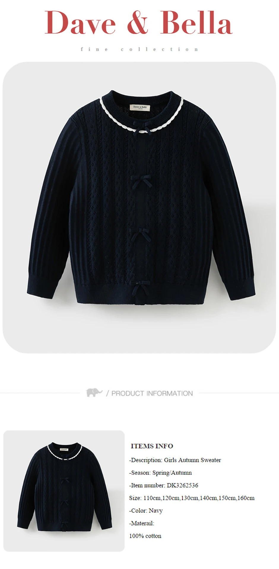 Dave Bella Children Autumn Spring Bow Sweater Girls Long Sleeve Jacquard Knitted Pullover Kids Tops Outdoor Clothes DK3262536