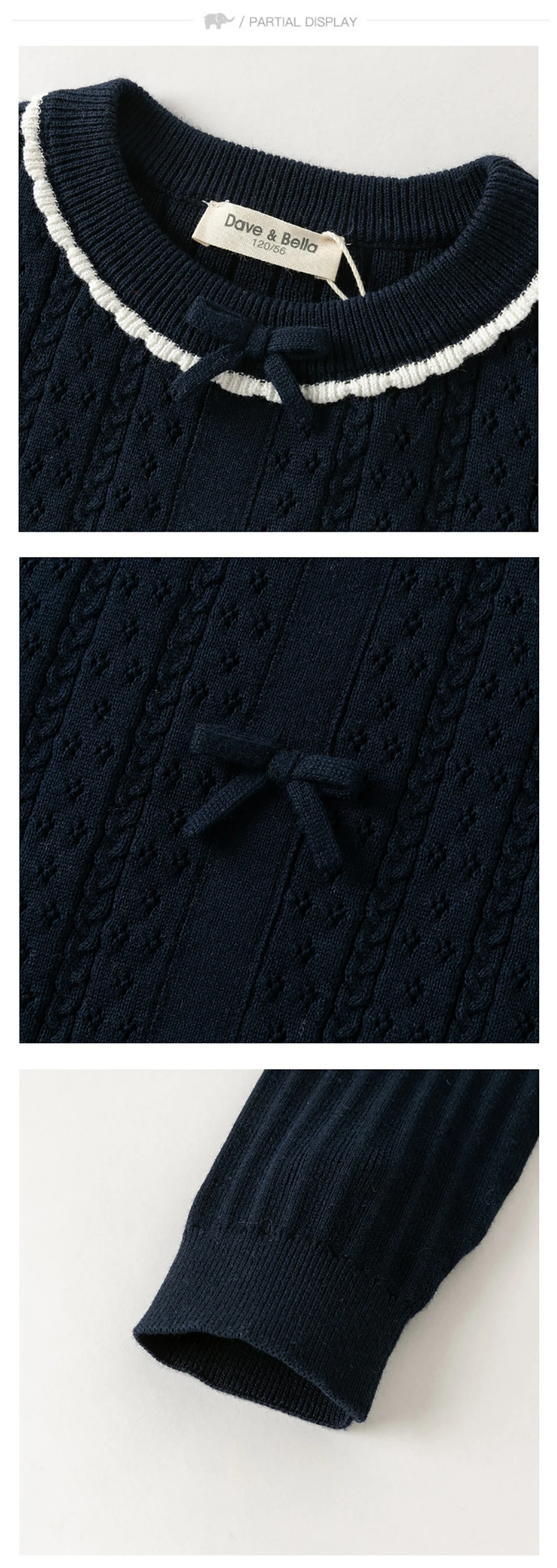 Dave Bella Children Autumn Spring Bow Sweater Girls Long Sleeve Jacquard Knitted Pullover Kids Tops Outdoor Clothes DK3262536