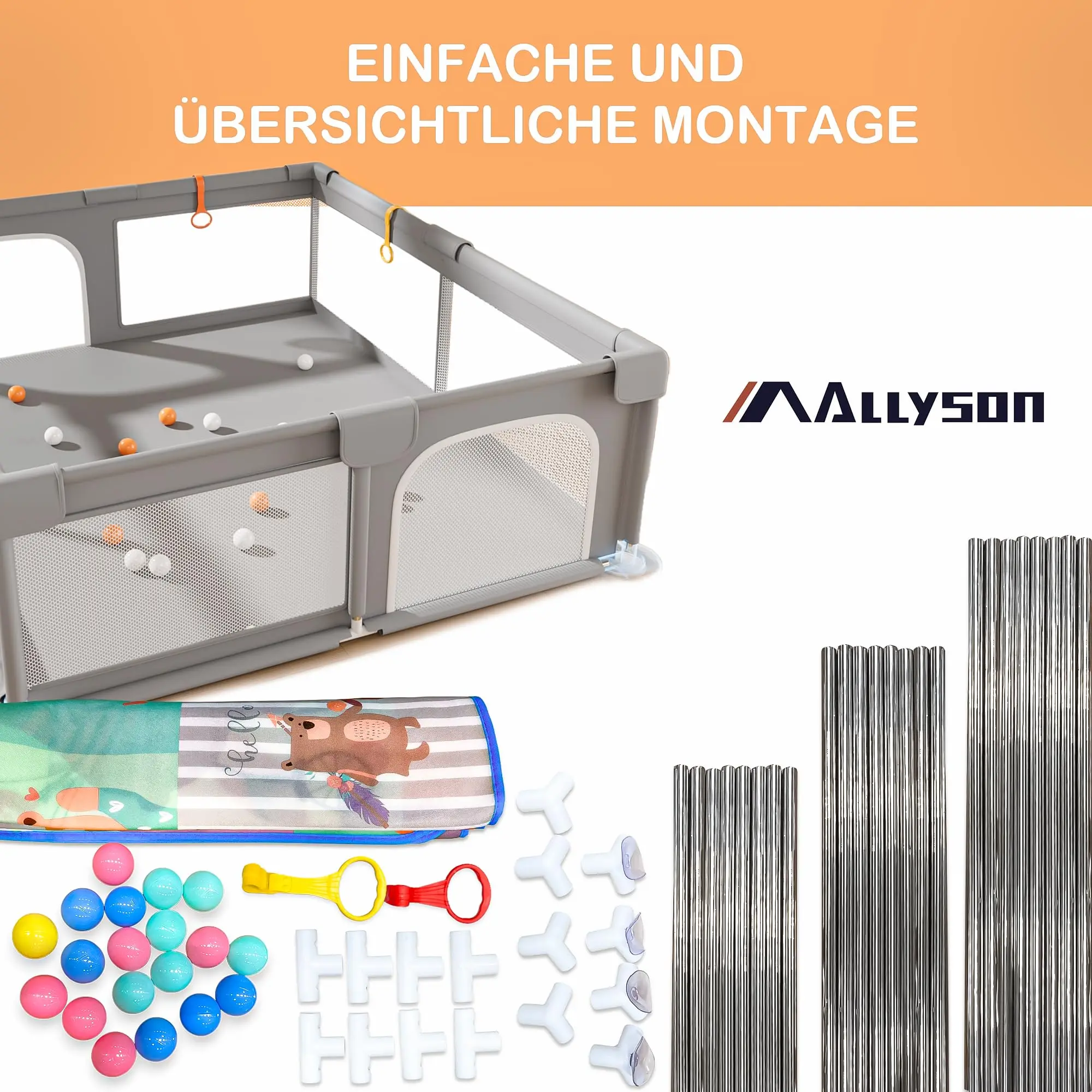 AllysonยฎPlaypen & run grille baby (Gray, 130x130cm) | tools-free set up in minutes, metal frame, 210D Oxford fabric, tilt-proof & non-slip travel playpen
