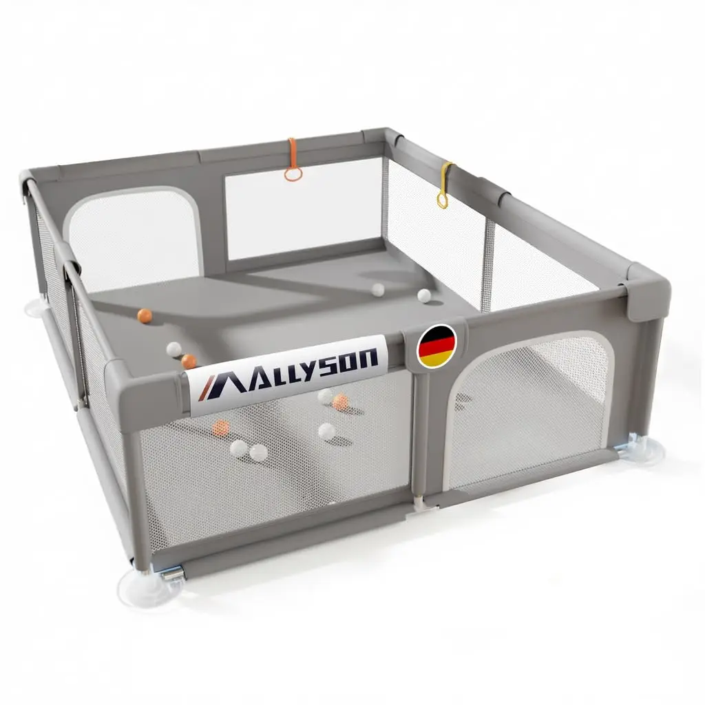AllysonยฎPlaypen & run grille baby (Gray, 130x130cm) | tools-free set up in minutes, metal frame, 210D Oxford fabric, tilt-proof & non-slip travel playpen