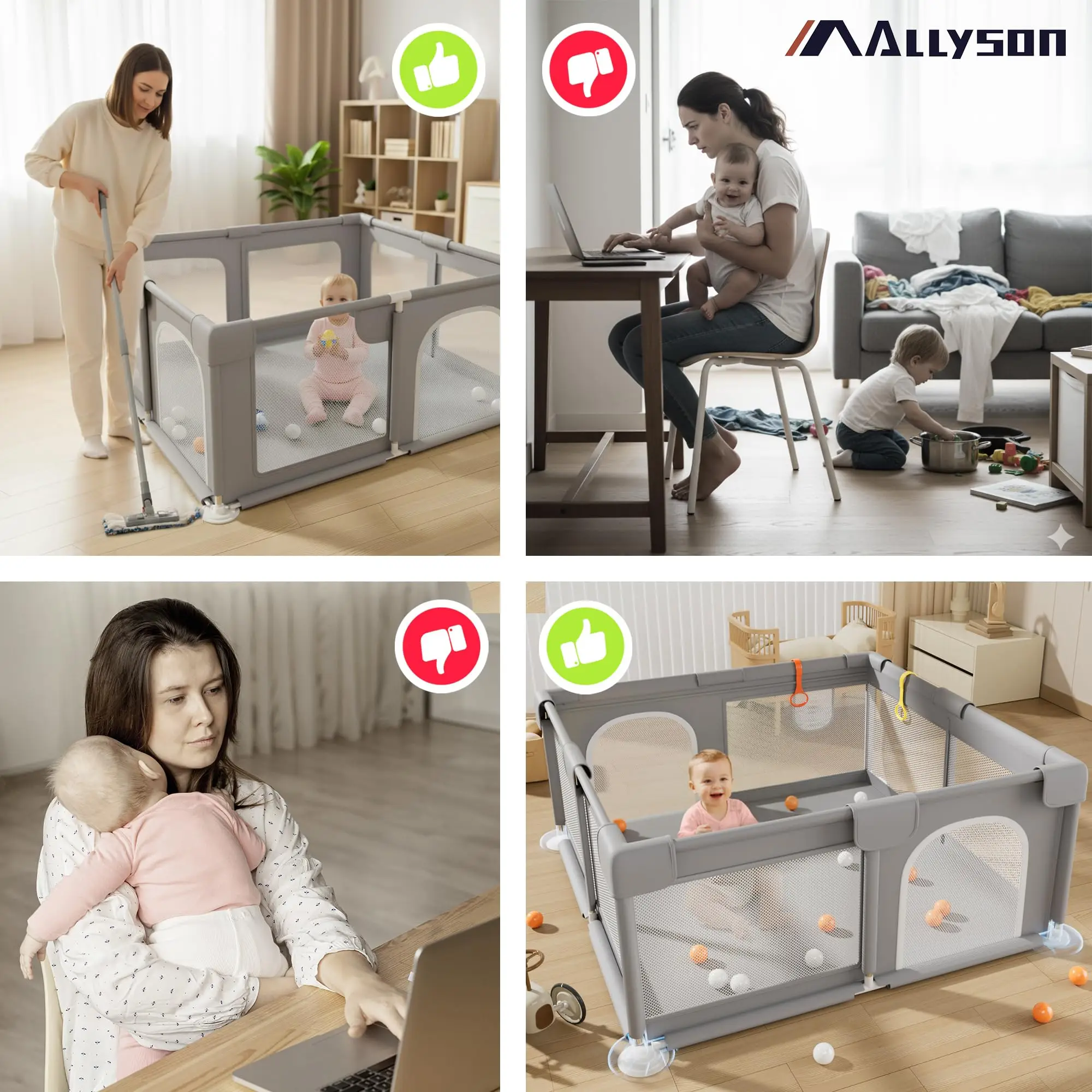 AllysonยฎPlaypen & run grille baby (Gray, 130x130cm) | tools-free set up in minutes, metal frame, 210D Oxford fabric, tilt-proof & non-slip travel playpen