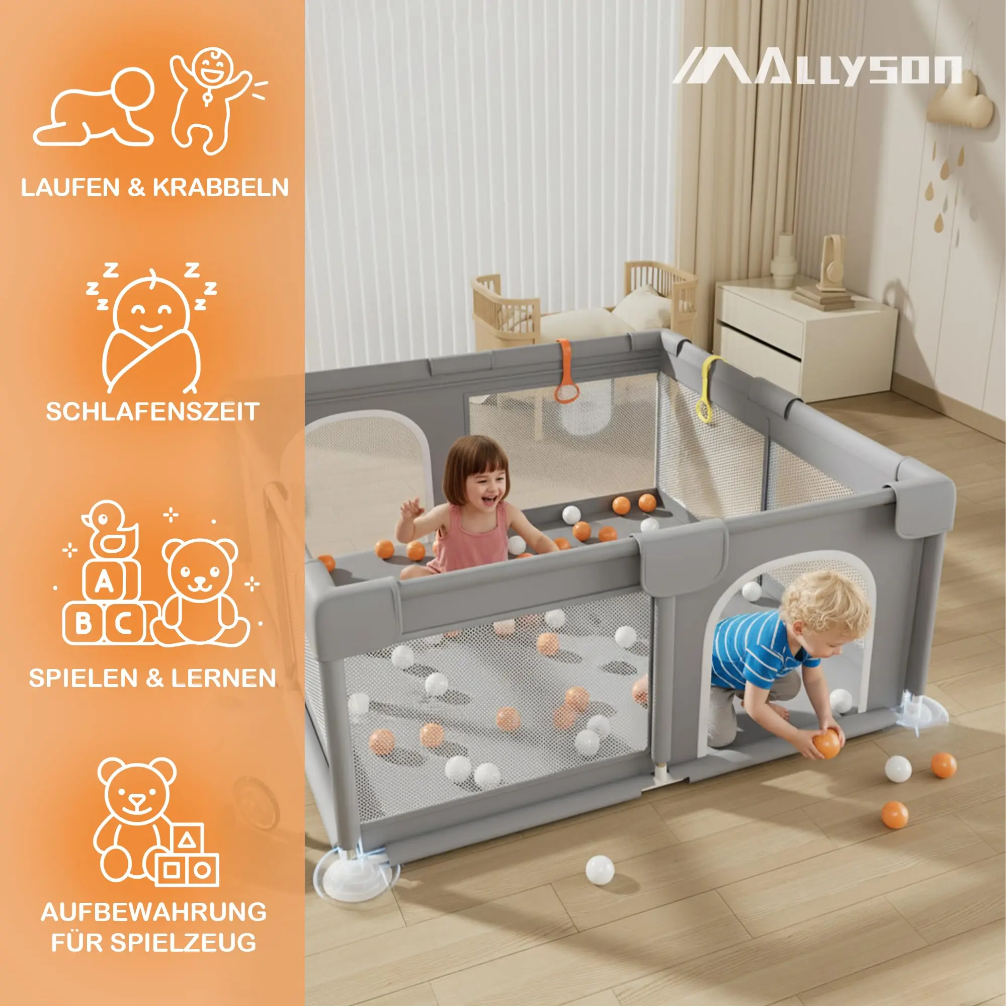 AllysonยฎPlaypen & run grille baby (Gray, 130x130cm) | tools-free set up in minutes, metal frame, 210D Oxford fabric, tilt-proof & non-slip travel playpen