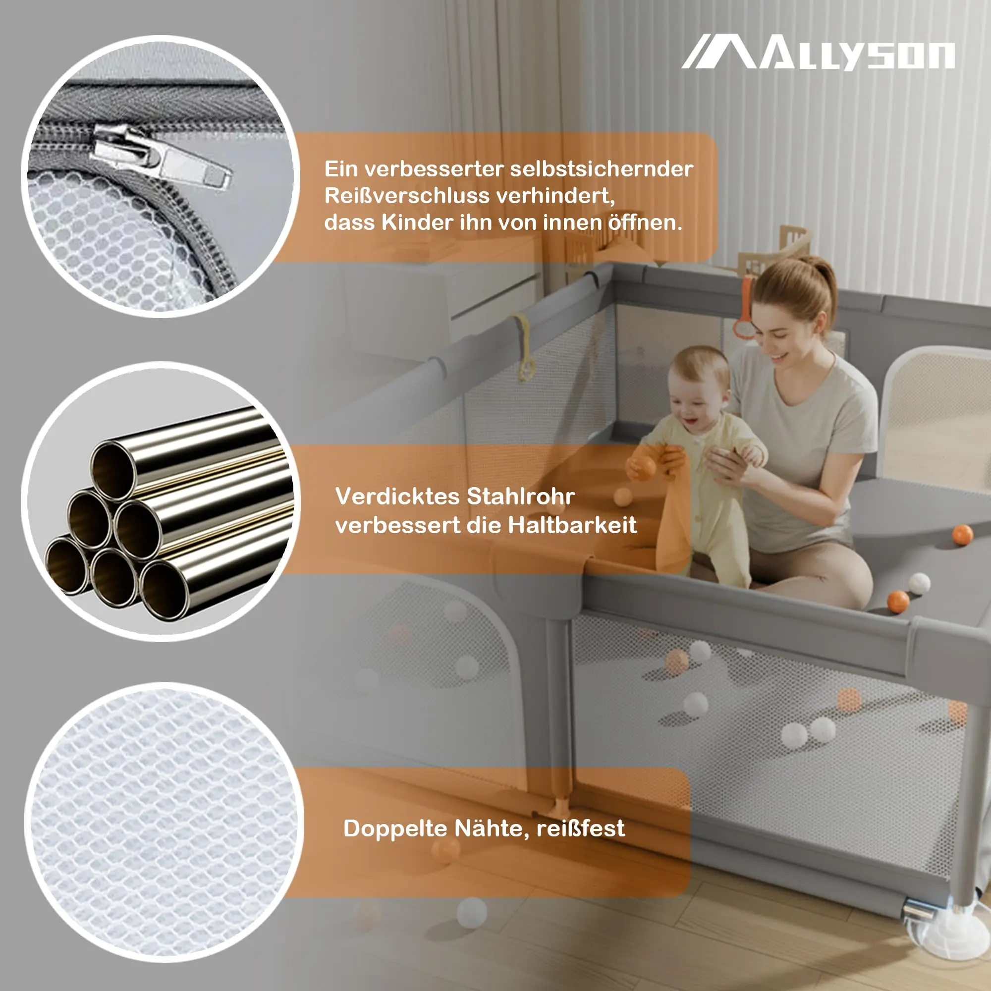 AllysonยฎPlaypen & run grille baby (Gray, 130x130cm) | tools-free set up in minutes, metal frame, 210D Oxford fabric, tilt-proof & non-slip travel playpen