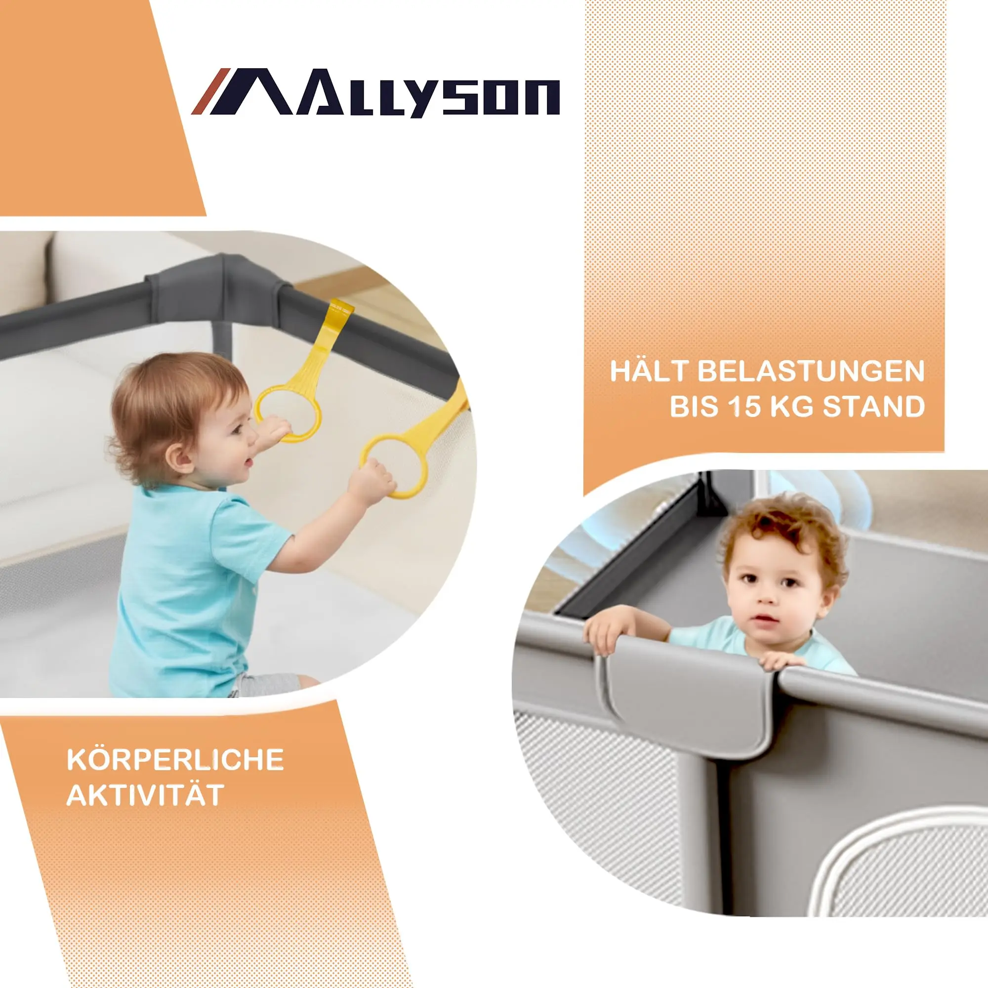 AllysonยฎPlaypen & run grille baby (Gray, 130x130cm) | tools-free set up in minutes, metal frame, 210D Oxford fabric, tilt-proof & non-slip travel playpen