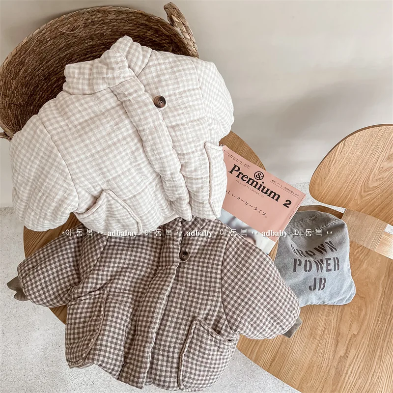 2026 New Winter Toddlers Kids Plaid Thicken Coats Korean Style Fleece Lining Children Warm Outerwear