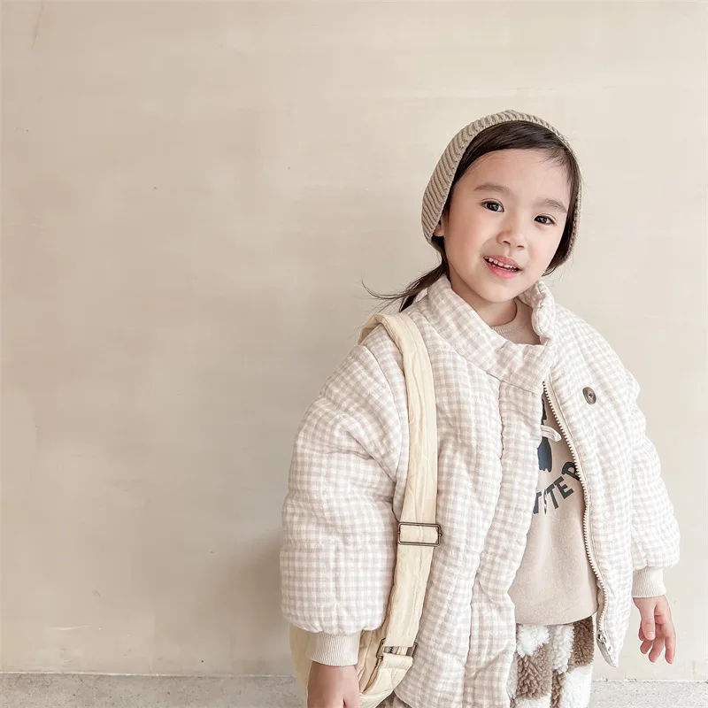 2026 New Winter Toddlers Kids Plaid Thicken Coats Korean Style Fleece Lining Children Warm Outerwear