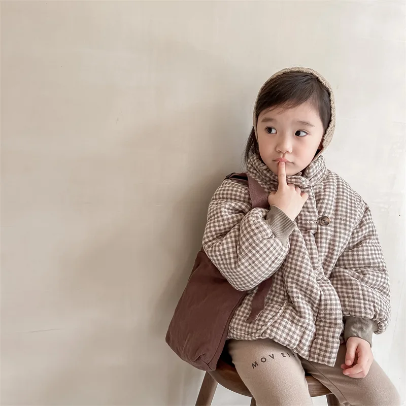 2026 New Winter Toddlers Kids Plaid Thicken Coats Korean Style Fleece Lining Children Warm Outerwear