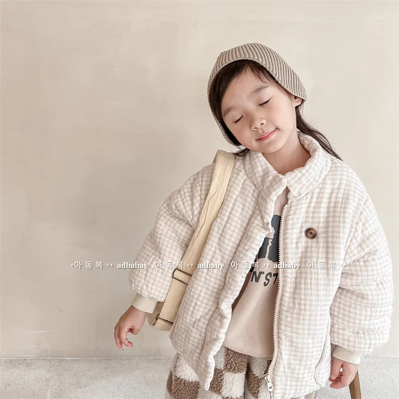 2026 New Winter Toddlers Kids Plaid Thicken Coats Korean Style Fleece Lining Children Warm Outerwear