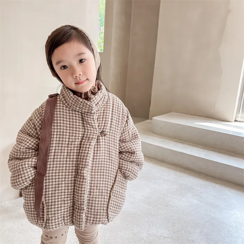 2026 New Winter Toddlers Kids Plaid Thicken Coats Korean Style Fleece Lining Children Warm Outerwear