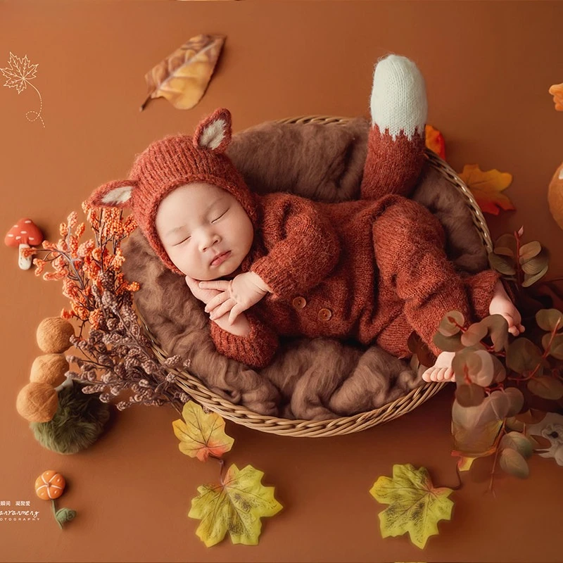 Newborn Photography Props for Baby Photoshoot Fall Season Theme Set Handmade Knitted Fox Outfit with Backdrop Maple Leaves Decor
