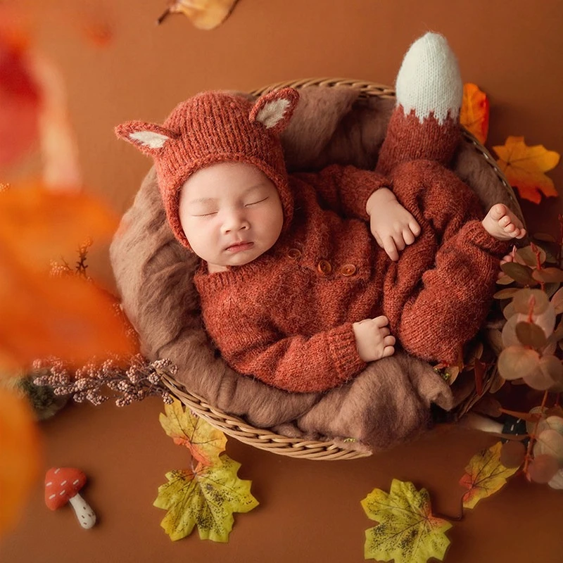 Newborn Photography Props for Baby Photoshoot Fall Season Theme Set Handmade Knitted Fox Outfit with Backdrop Maple Leaves Decor