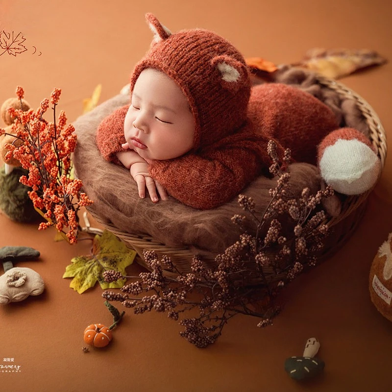 Newborn Photography Props for Baby Photoshoot Fall Season Theme Set Handmade Knitted Fox Outfit with Backdrop Maple Leaves Decor