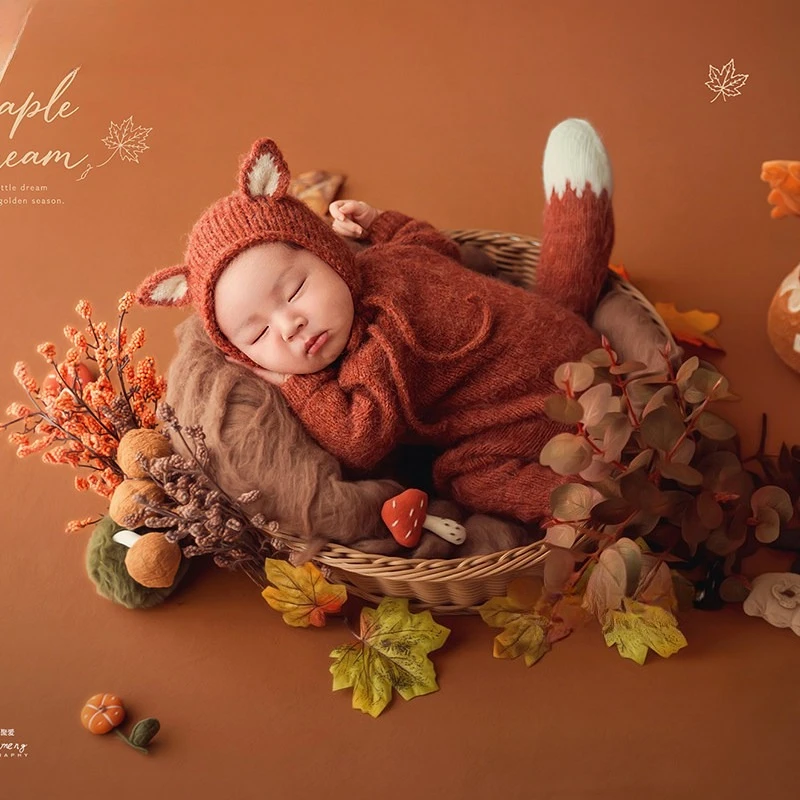 Newborn Photography Props for Baby Photoshoot Fall Season Theme Set Handmade Knitted Fox Outfit with Backdrop Maple Leaves Decor