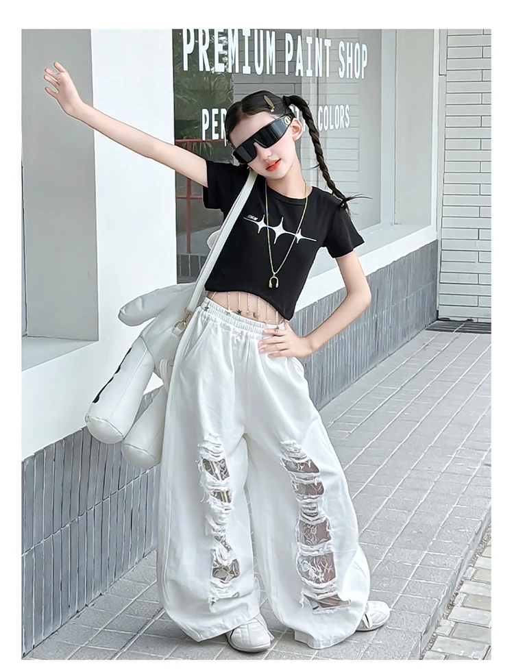 New Fashion Street Style Kids Hip Hop Clothing Set For Girls Hiphop Top Bottom Suit Children Dance Rap Jazz Tee and Pants Outfit