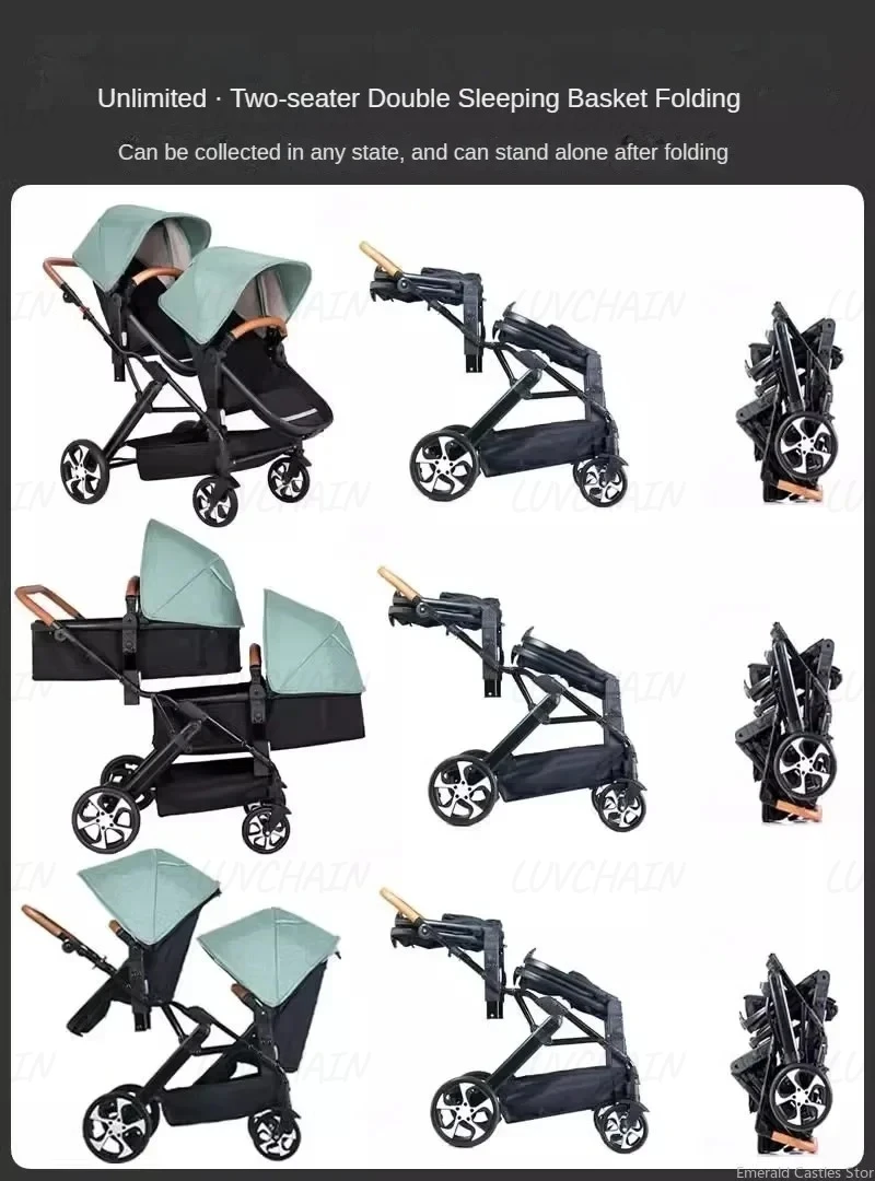Portable Foldable Twin Stroller,double Seat Stroller with Car Seat, Luxury Baby Stroller,Comes with Accessories Such As Rain Cover and Mosquito Net
