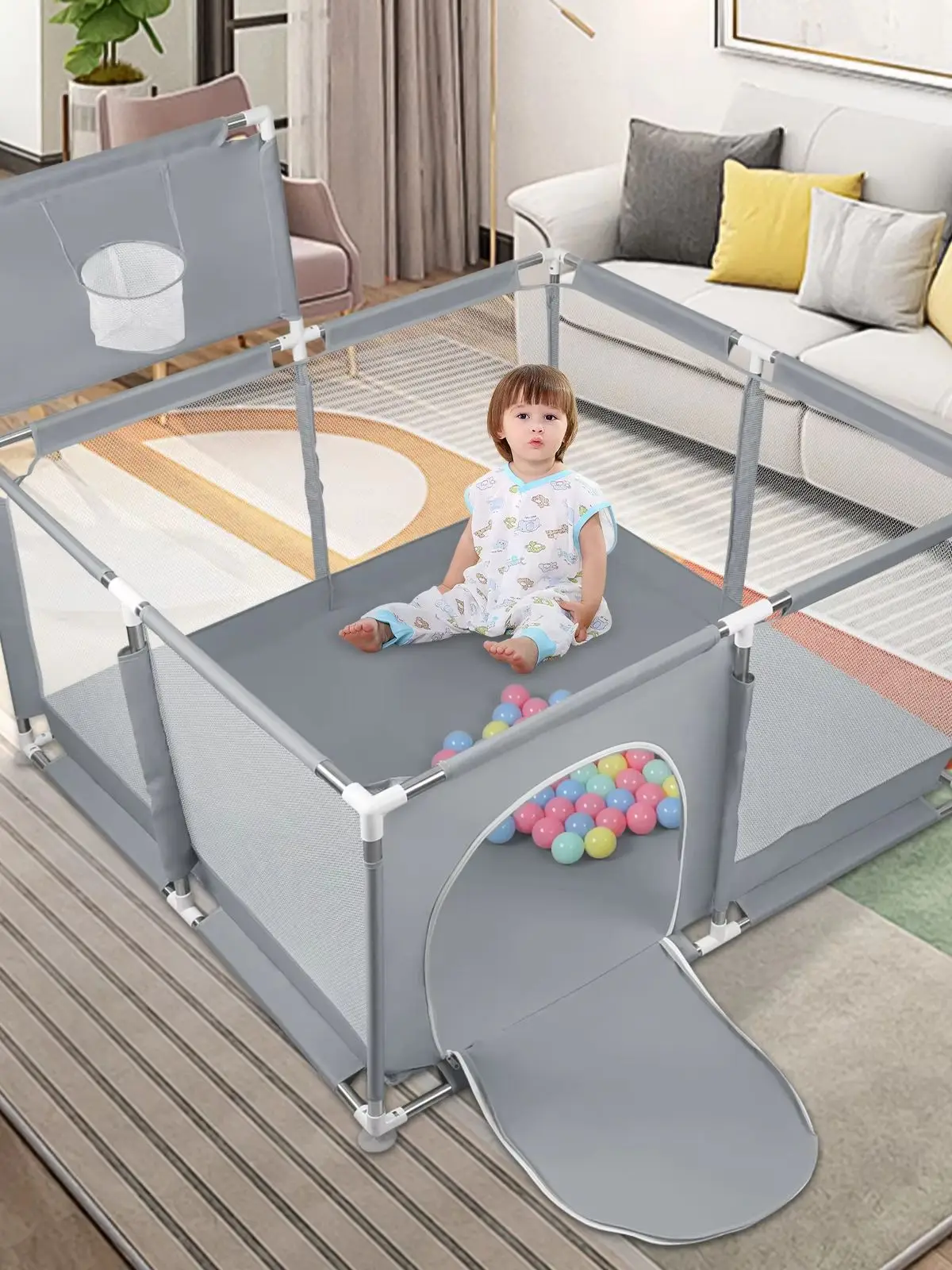 Complete baby Playpen, 50 Balls, Soft and Breathable Mesh, Complete baby Playpen with Mat, Oxford Fabric baby Playpen, Indoor and Outdoor Activity Center, 8 Suction Cups