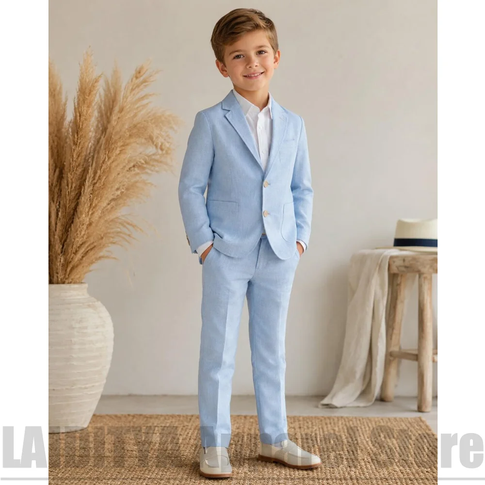 Beige Linen Single Breasted Boys Suit 2 Piece Set Kids Page Boy Wedding Blazer Pants Outfit For Summer Beach Casual Daily Party